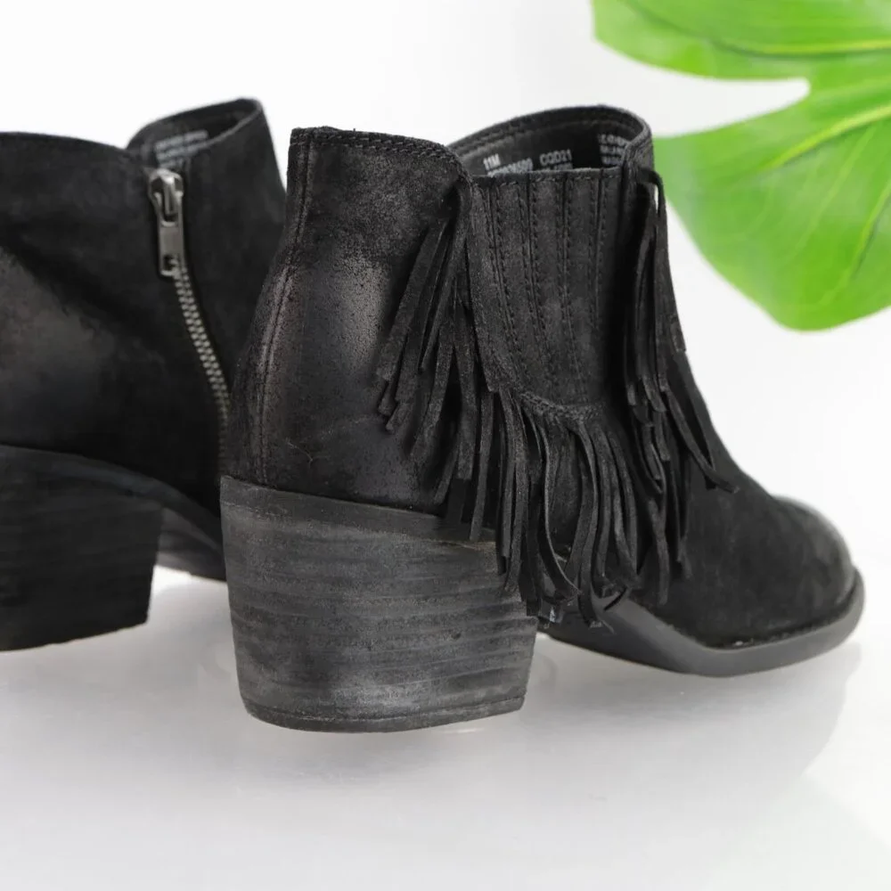 Born Womens Danni Boots Size 11 Black Suede Distress Fringe Booties‎ Block Heels